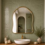 Handmade organic curved brass vanity mirror with freeform solid brass frame in bathroom interior.