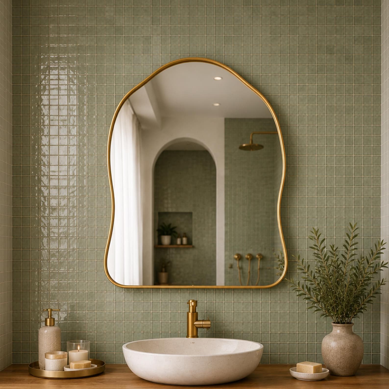 il_1588xN.8048256131_27kf Handmade organic curved brass vanity mirror with freeform solid brass frame in bathroom interior.