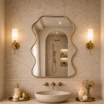Sculptural wavy brass wall mirror with solid brass frame and clear glass above bathroom vanity.