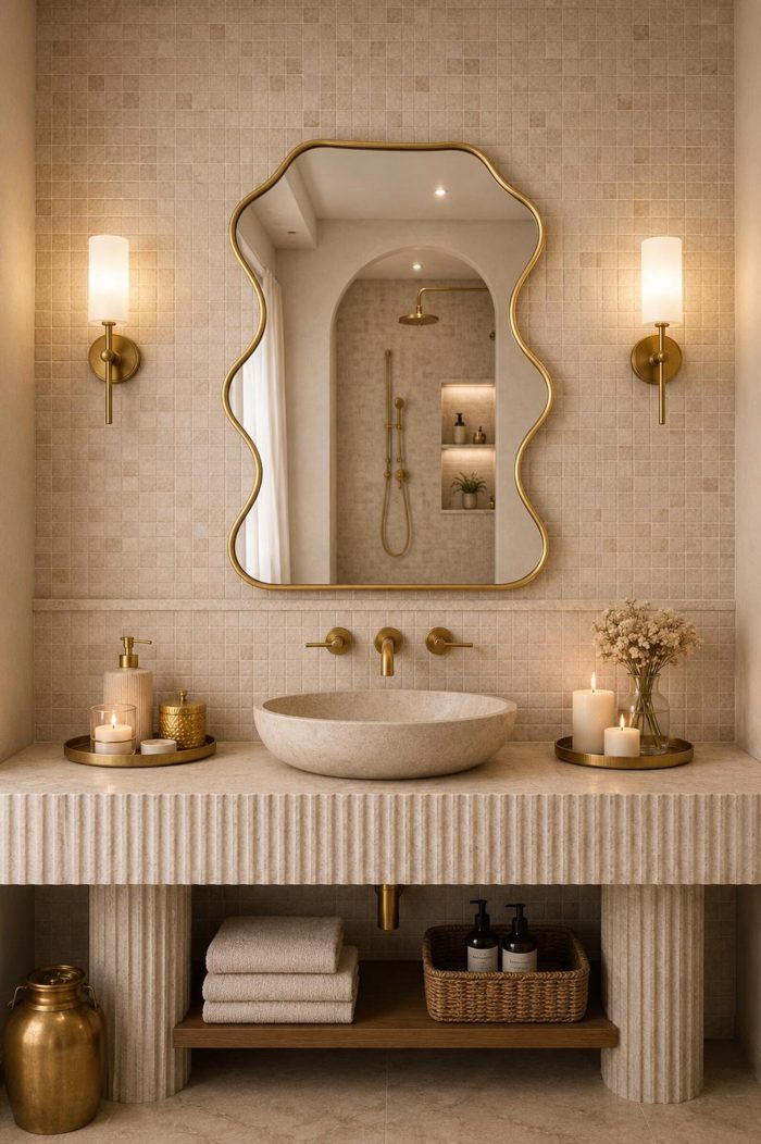 Sculptural wavy brass wall mirror with solid brass frame and clear glass above bathroom vanity.