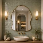 Arched freeform brass wall mirror with solid brass frame and clear glass above a bathroom vanity.