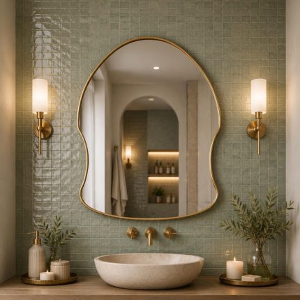 Arched freeform brass wall mirror with solid brass frame and clear glass above a bathroom vanity.