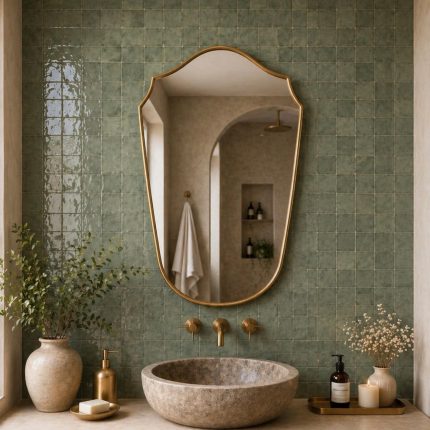 Curved shield brass wall mirror with handcrafted gold brass frame above a bathroom vanity.