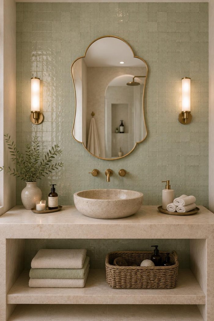 Handmade scalloped arch brass wall mirror with decorative gold frame above a bathroom vanity.