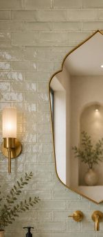 Handmade pointed arch brass vanity mirror with clear glass, solid brass frame and symmetrical pointed silhouette above a bathroom vanity.