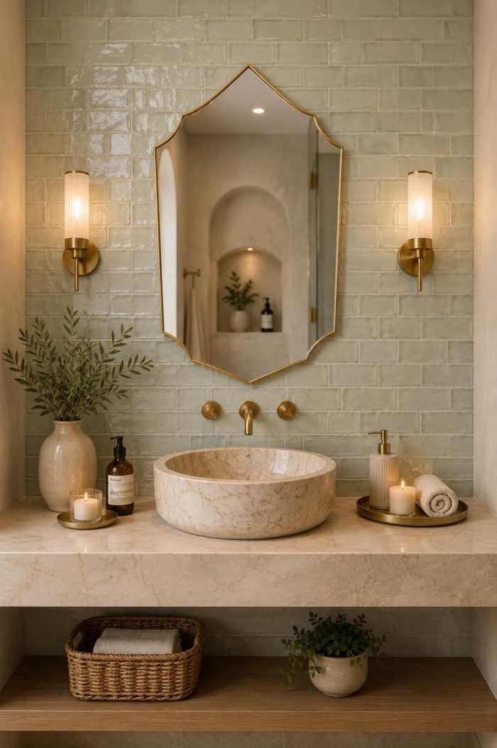Handmade Moroccan pointed arch brass mirror with slim gold frame above a bathroom vanity.