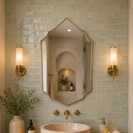 Handmade Moroccan pointed arch brass mirror with slim gold frame above a bathroom vanity.