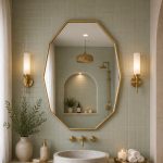 Handmade octagonal brass wall mirror with elongated geometric shape and solid brass frame above bathroom vanity.