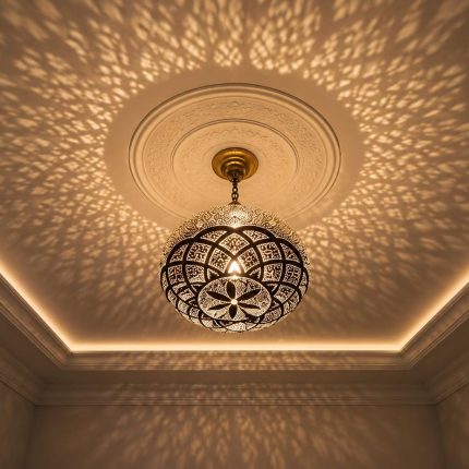 Globe Moroccan Brass Pendant Light casting decorative patterned shadows across ceiling