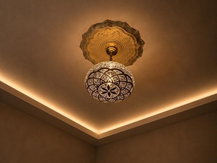 Globe Moroccan Brass Pendant Light casting decorative patterned shadows across ceiling