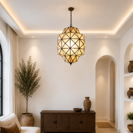 Geometric Glass Pendant Light with faceted glass panels and handcrafted metal frame