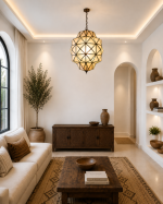 Geometric Glass Pendant Light with faceted glass panels and handcrafted metal frame