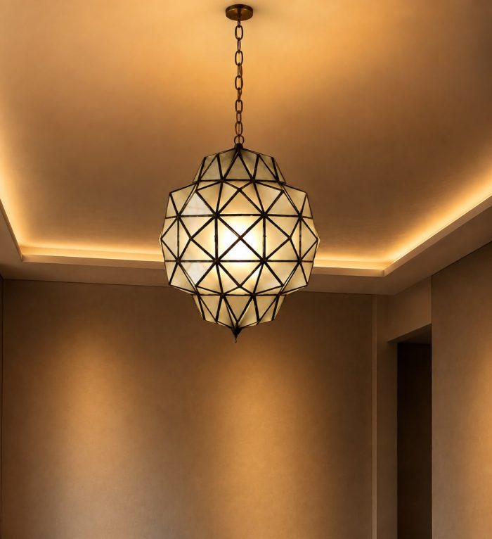 Geometric Glass Pendant Light with faceted glass panels and handcrafted metal frame