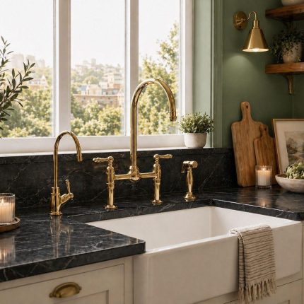 Unlacquered brass bridge faucet with cold water tap and side sprayer in farmhouse kitchen