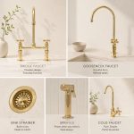 Antique brass bridge faucet with high arc gooseneck spout, cross handles and side sprayer